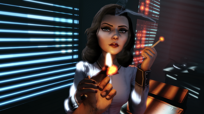 Elizabeth from Bioshock Infinite lighting a cigarette