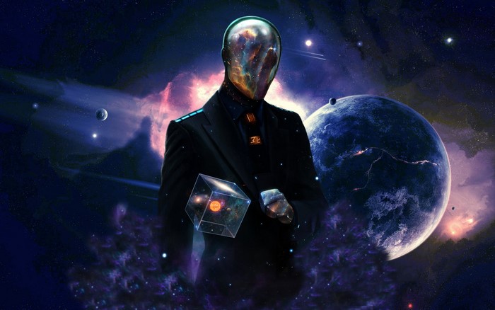 Man in Suit with Galaxy Head Holding Cube