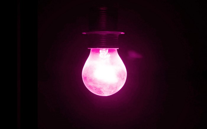 Pink light bulb in darkness