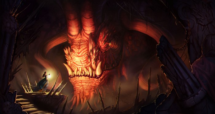 Girl with lantern confronts giant demon in cave