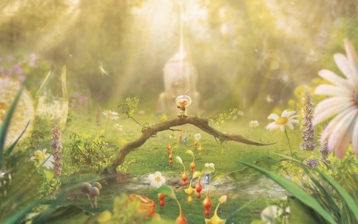 Captain Olimar and Pikmin in a meadow