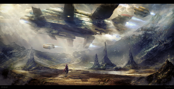 Sci-Fi landscape with alien ships and a lone rider