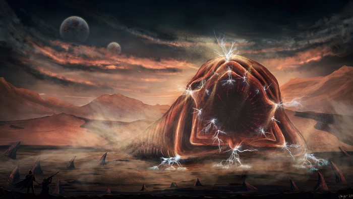 Giant sandworm creature with lightning in a desert landscape