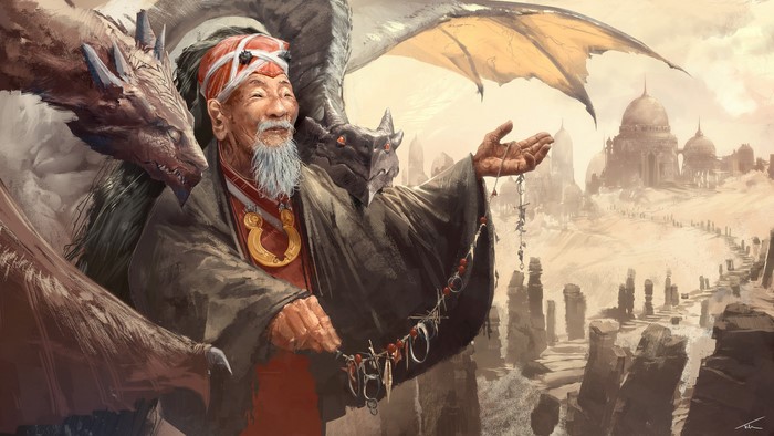 Elderly man with dragons and desert city