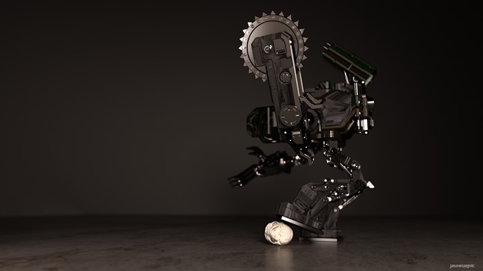 Sci-fi robot with a saw and a skull