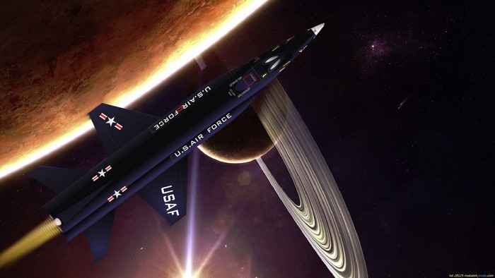 U.S. Air Force spaceship near Saturn and a planet