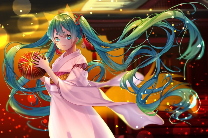 Hatsune Miku in a white kimono holding a ball