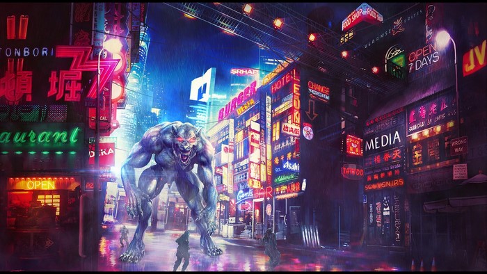 Werewolf in a neon-lit Japanese city street
