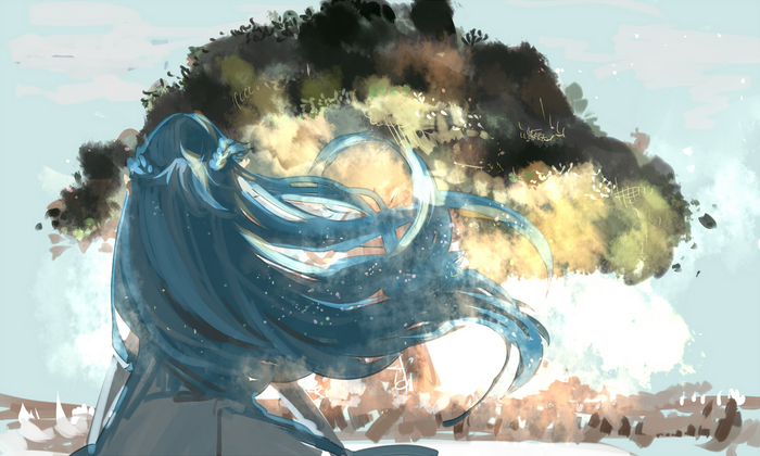 Girl with blue hair in front of a tree