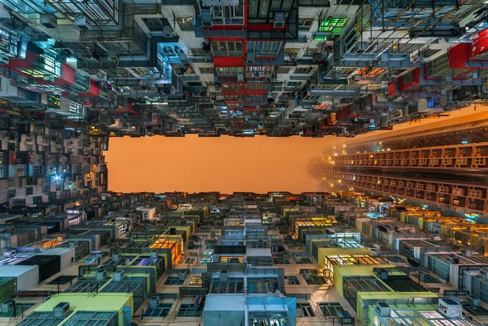 Upside down view of dense apartment buildings
