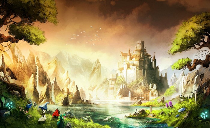Fantasy castle on a mountain by a lake