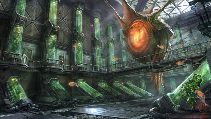 Alien laboratory with large creature and plants