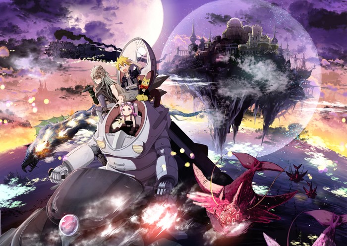 Anime characters in a mech with flying islands and creatures