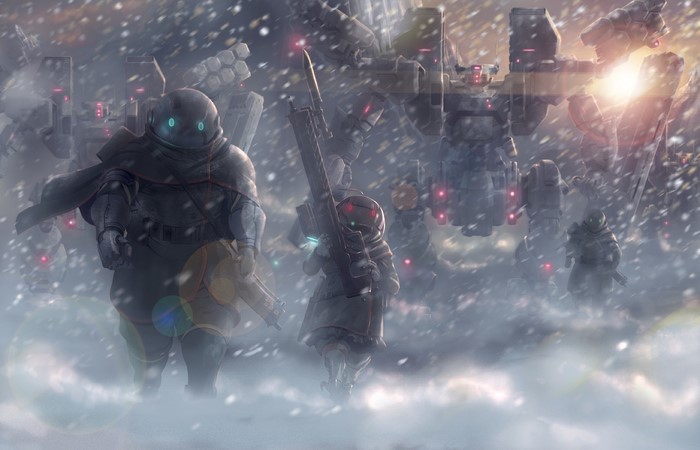 Mecha and soldiers in a snowy landscape