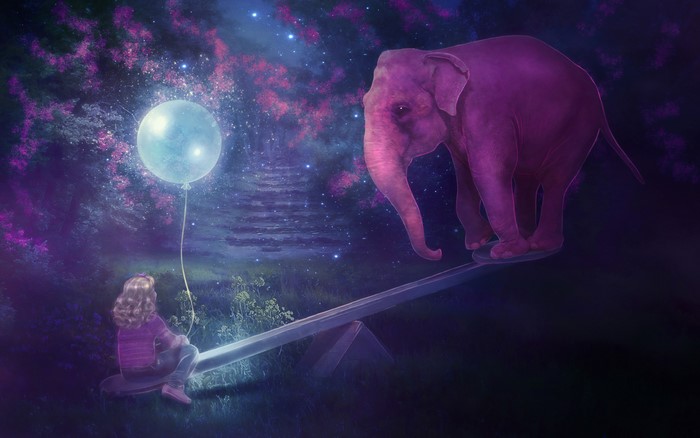 Girl and pink elephant on a seesaw with balloon