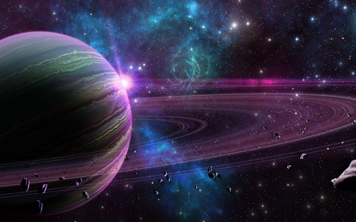 Sci-Fi Planet with Rings and Asteroids