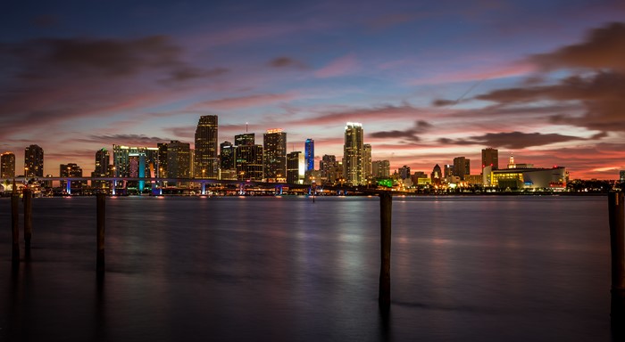 Miami Cityscape at Dusk with Water and Bridge