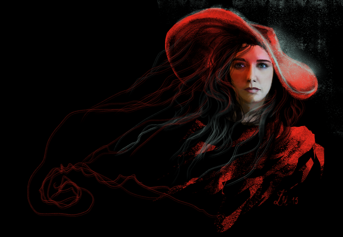 Woman with red hat and long hair painting