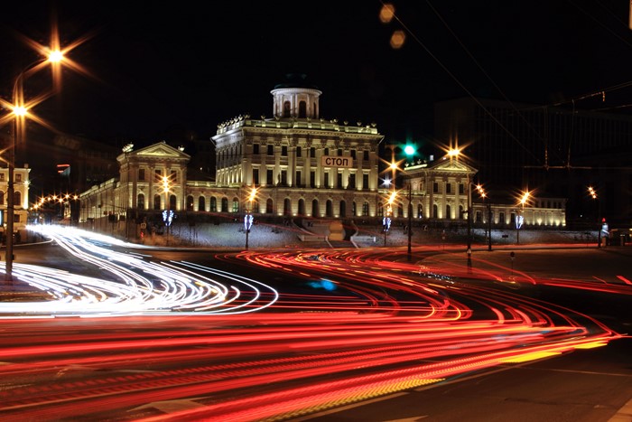 Pashkov House in Moscow at Night with Light Trails