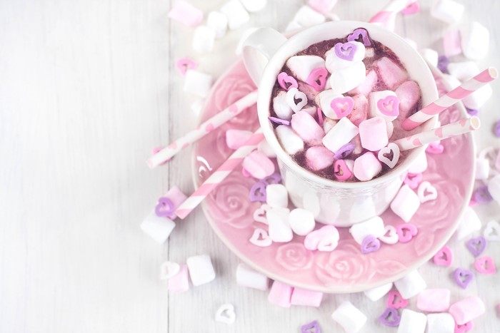 Hot chocolate with marshmallows and heart sprinkles