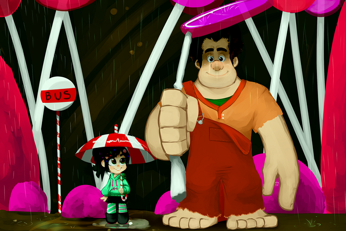 Ralph and Vanellope from Wreck-It Ralph in the rain