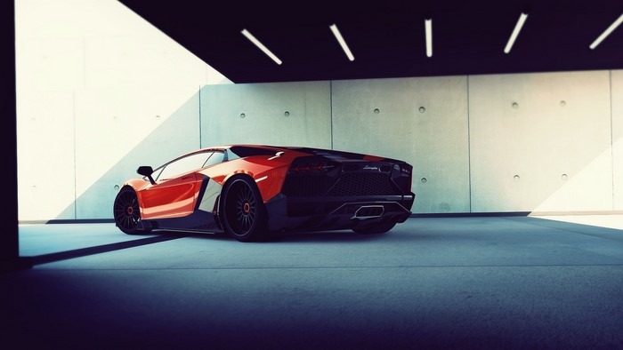 Orange Lamborghini Aventador in a Modern Garage