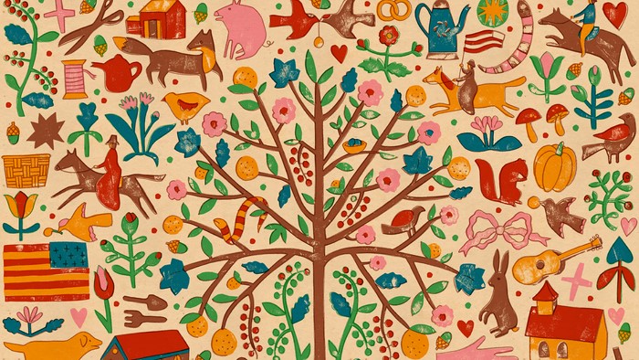 Folk art illustration of a tree with animals and objects