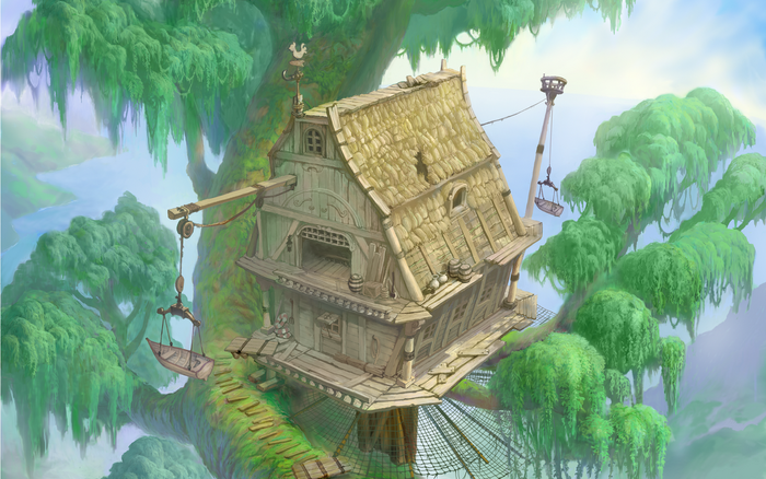 A wooden house built on a large tree with a river in the background.