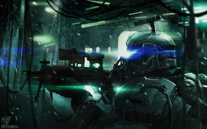 Sci Fi Warrior with Rifle in Futuristic City