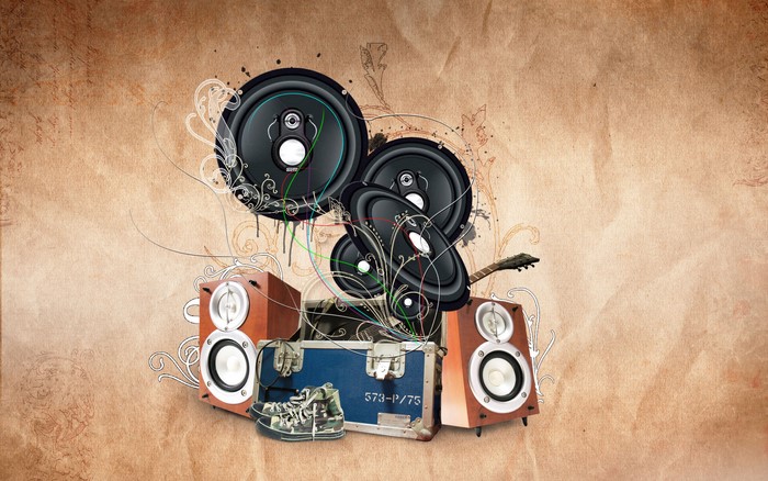 Artistic composition of speakers and musical instruments