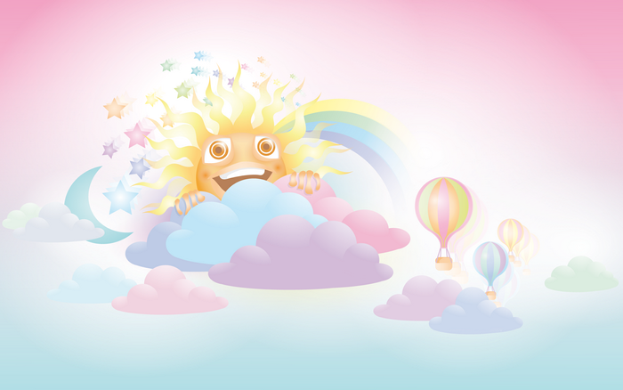 Cartoon Sun and Moon with Hot Air Balloons