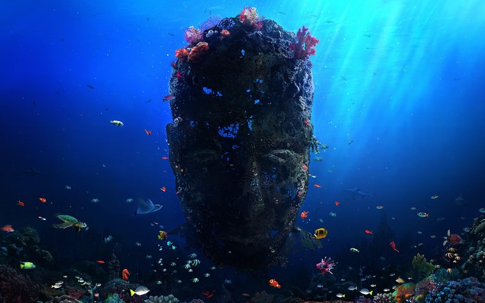 Underwater Head Sculpture with Coral and Fish