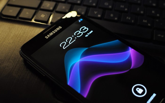 Samsung smartphone on a keyboard
