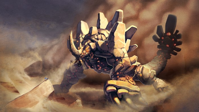 Giant Golem and small figure in a dusty landscape