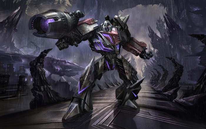 Megatron from Transformers in a rainy city