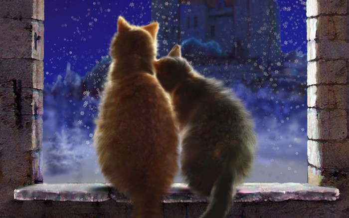 Two cats looking out a window at a snowy castle