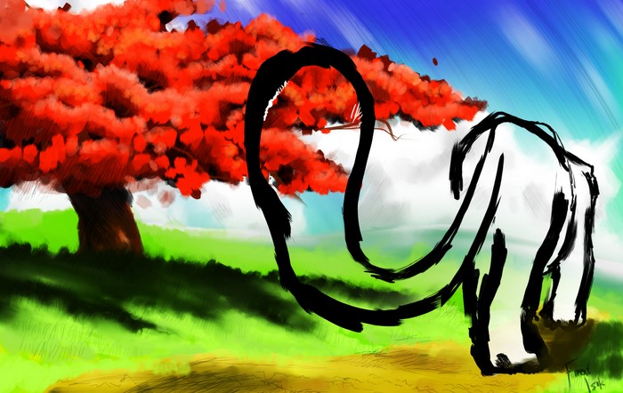 Spirit Tiger Roaming Near a Red Tree