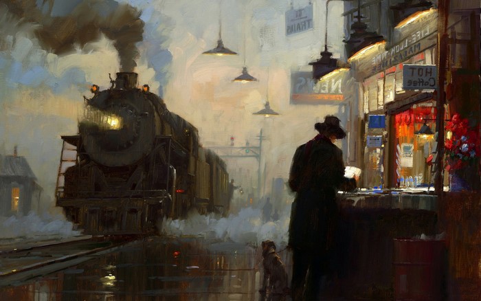 Steam train at a station with a man and his dog