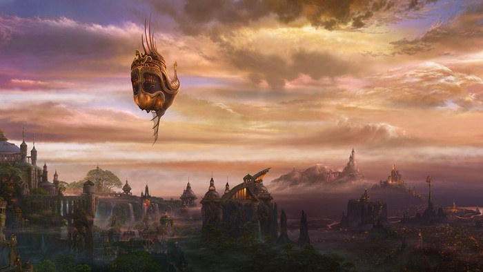 Fantasy city with airship at sunset