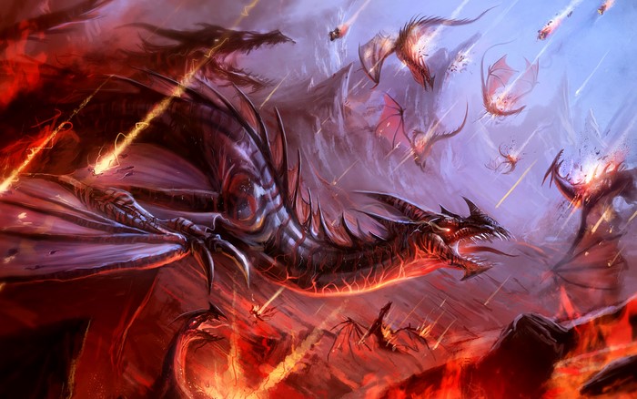 Fantasy battle with multiple dragons and fire