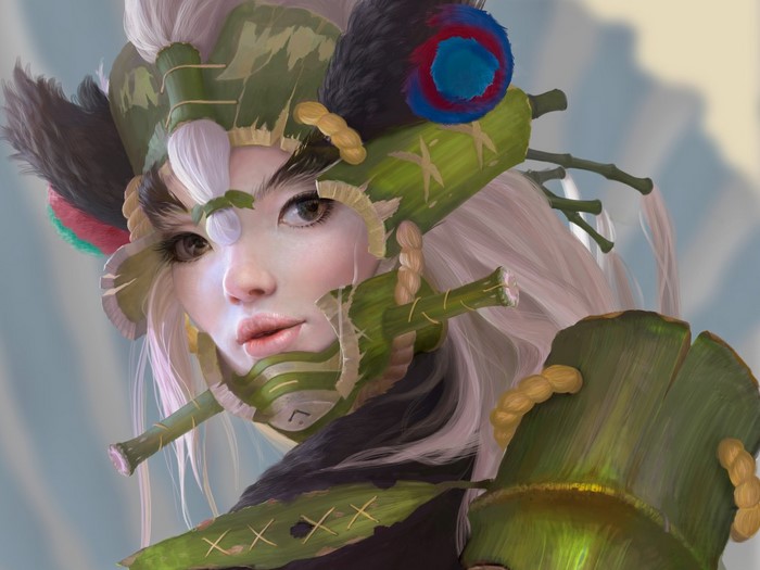 Fantasy woman with bamboo armor and headdress