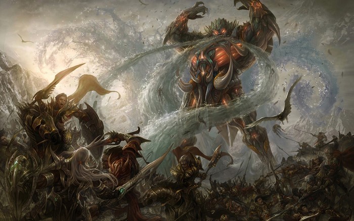 Fantasy Battle with Giant Monster and Warriors