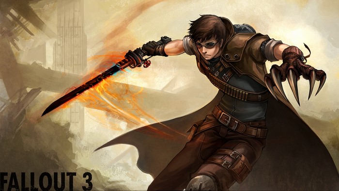 Character from Fallout 3 with sword and claw