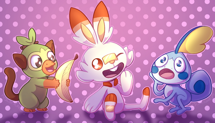 Grookey, Scorbunny, and Sobble from Pokémon Sword and Shield