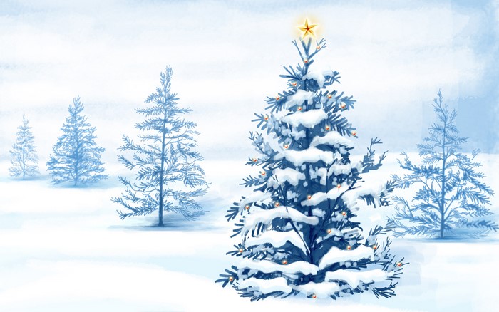 Snowy Christmas Trees with Lights and Star