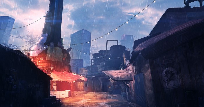 Post-apocalyptic city street in the rain