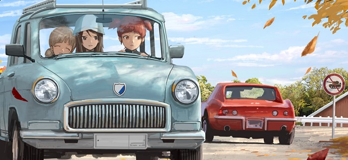 Girls und Panzer characters in cars