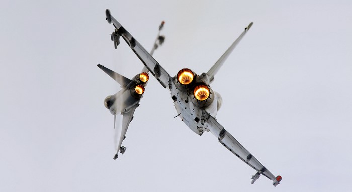 Two Eurofighter Typhoons in flight