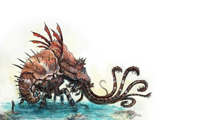 Giant sea creature with tentacles and a person