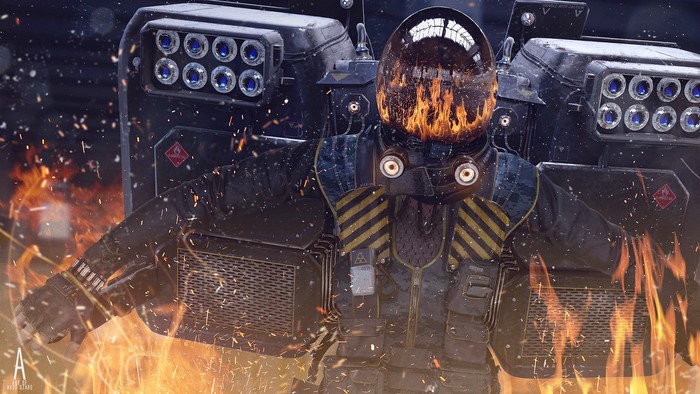 Sci Fi Warrior with Flamethrower Helmet and Rocket Pack